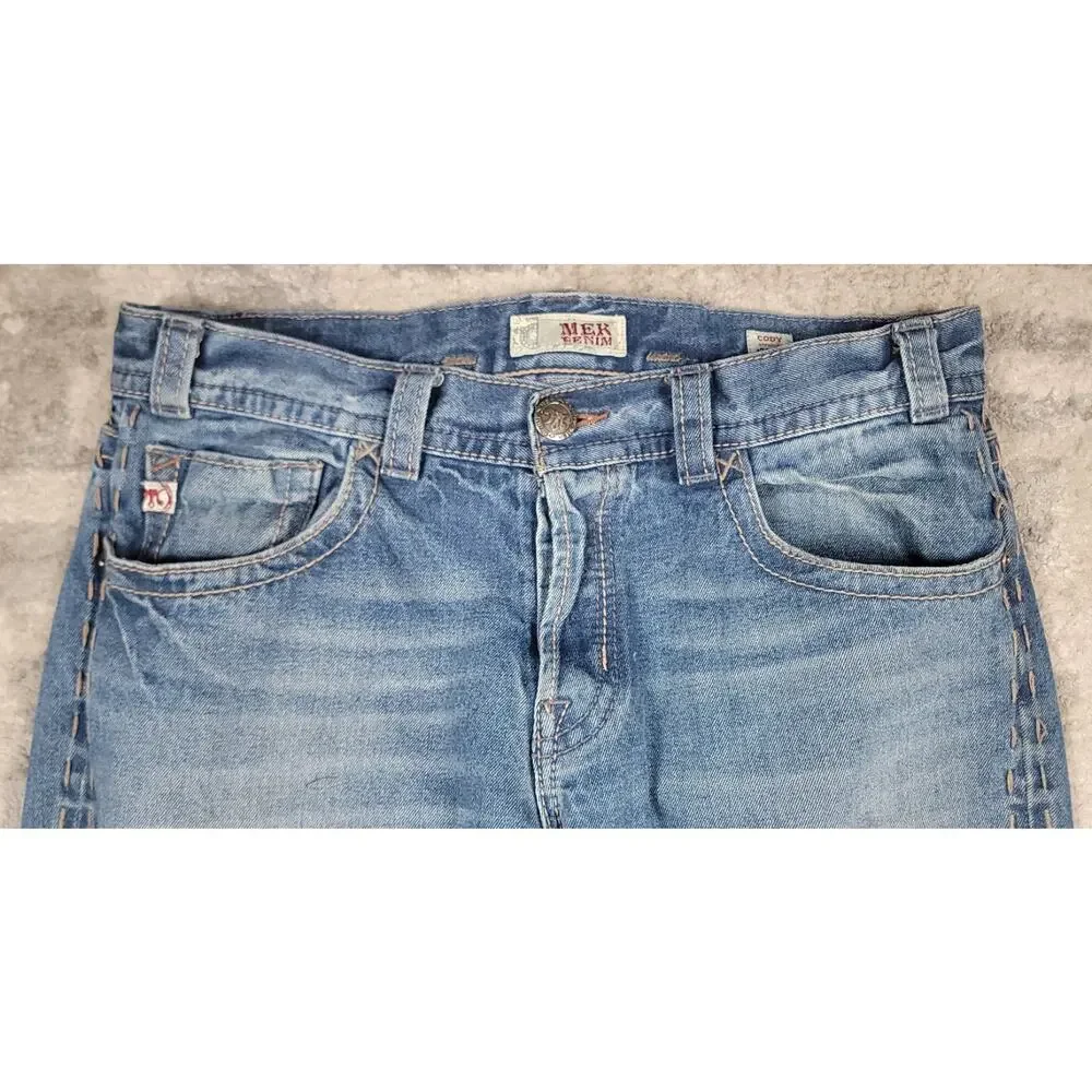 MEK DNM Cody Straight Leg Button-Fly Faded Whiskered Blue Denim Jeans Sz 37x33